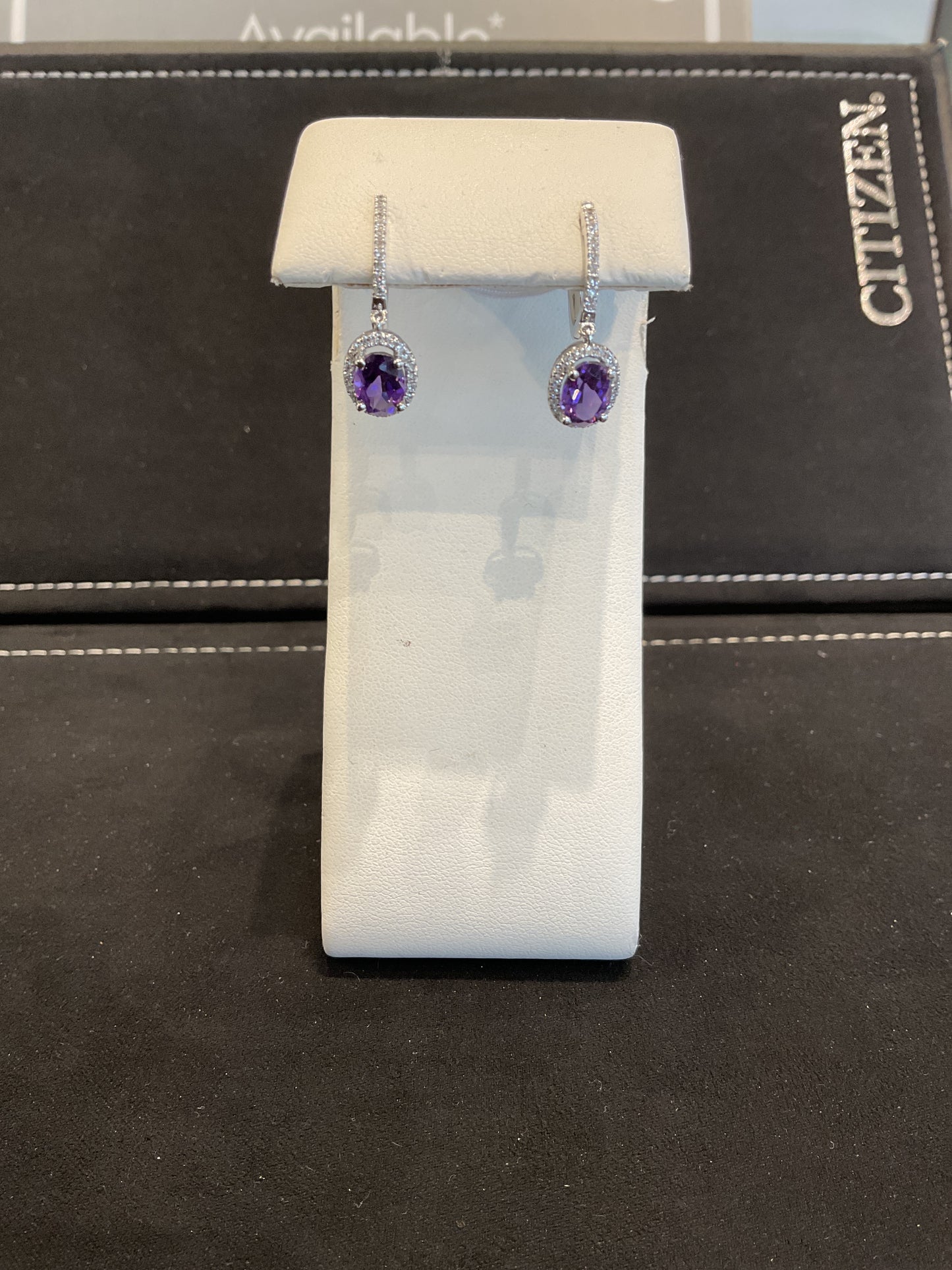Oval Cut Purple Amethyst 14KT White Gold Dangle Stud Earrings with Round Brilliant Cut Diamond Halo and Accents