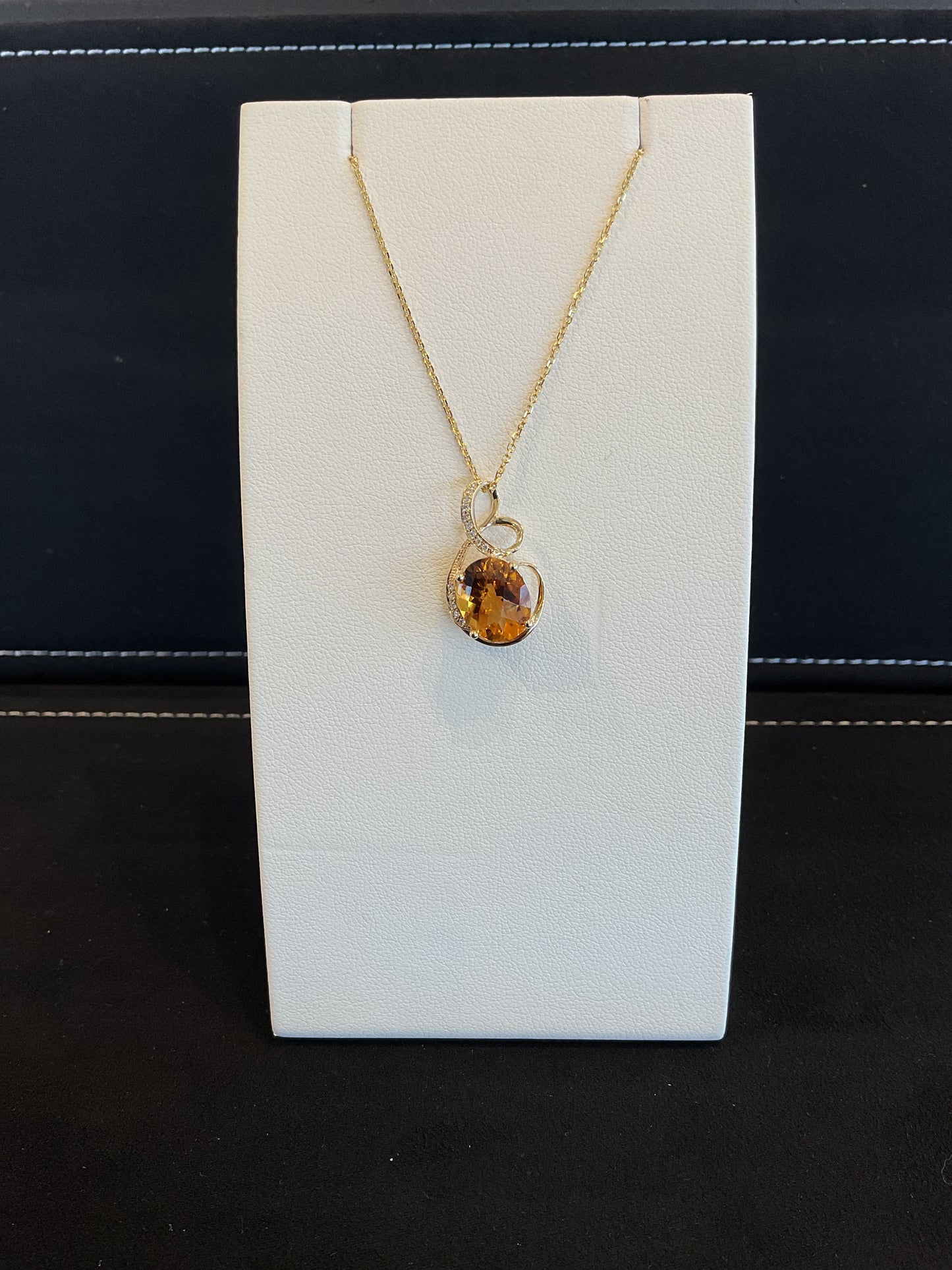 Oval Checkerboard Cut Citrine with Round Brilliant Cut Diamond Accents14KT Yellow Gold Fancy Design Necklace 18" Chain