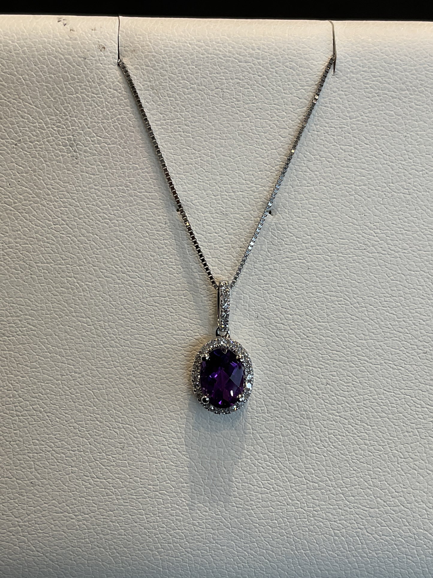 Oval Checkered Cut Purple Amethyst with Round Brilliant Cut Diamond Halo Setting 14KT White Gold Necklace 18" 10KT White Gold Chain