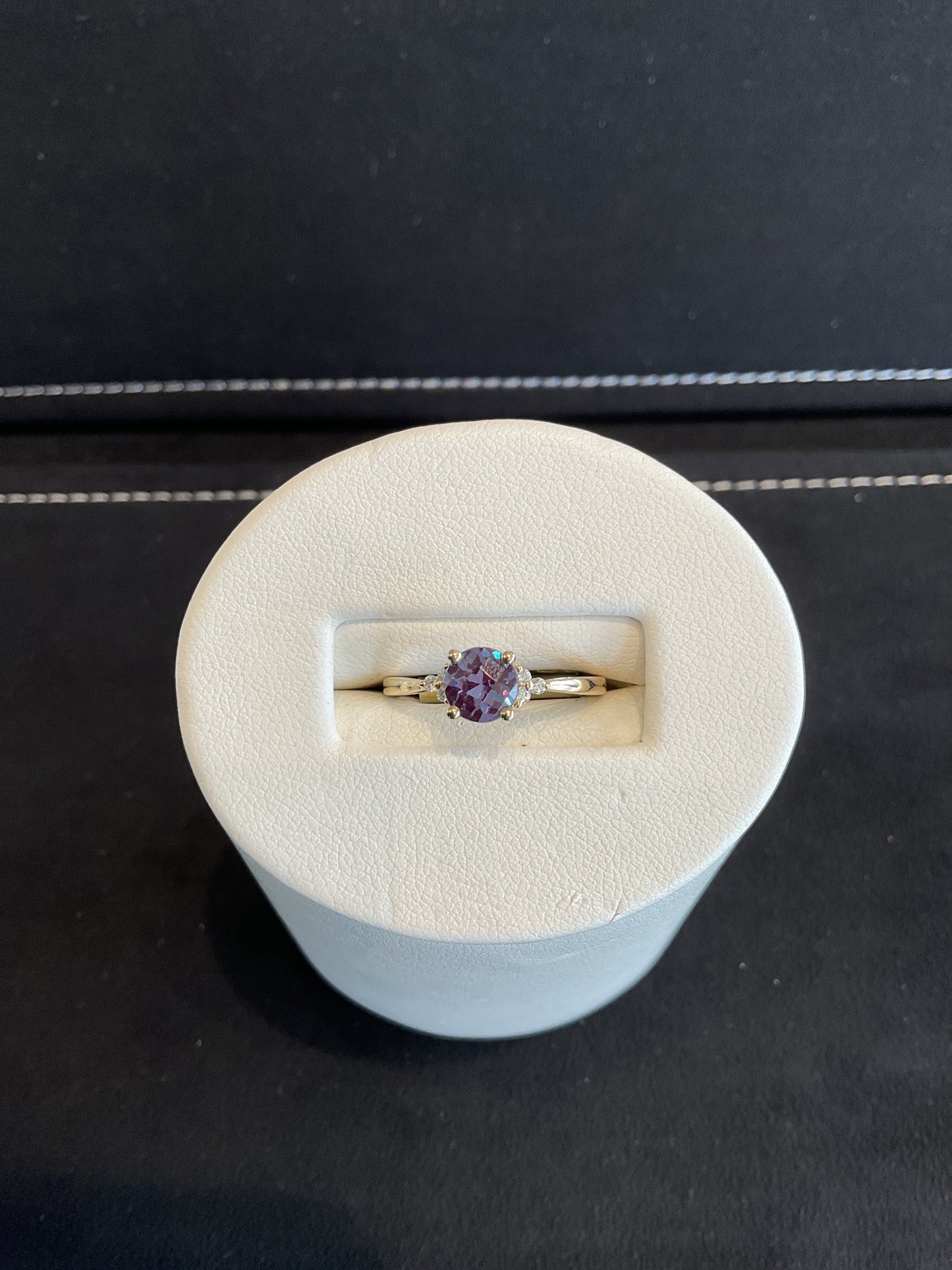 Round Cut Faceted Lab Grown Alexandrite 14KT Yellow Gold Ring with 6 Round Brilliant Cut Diamond Accents
