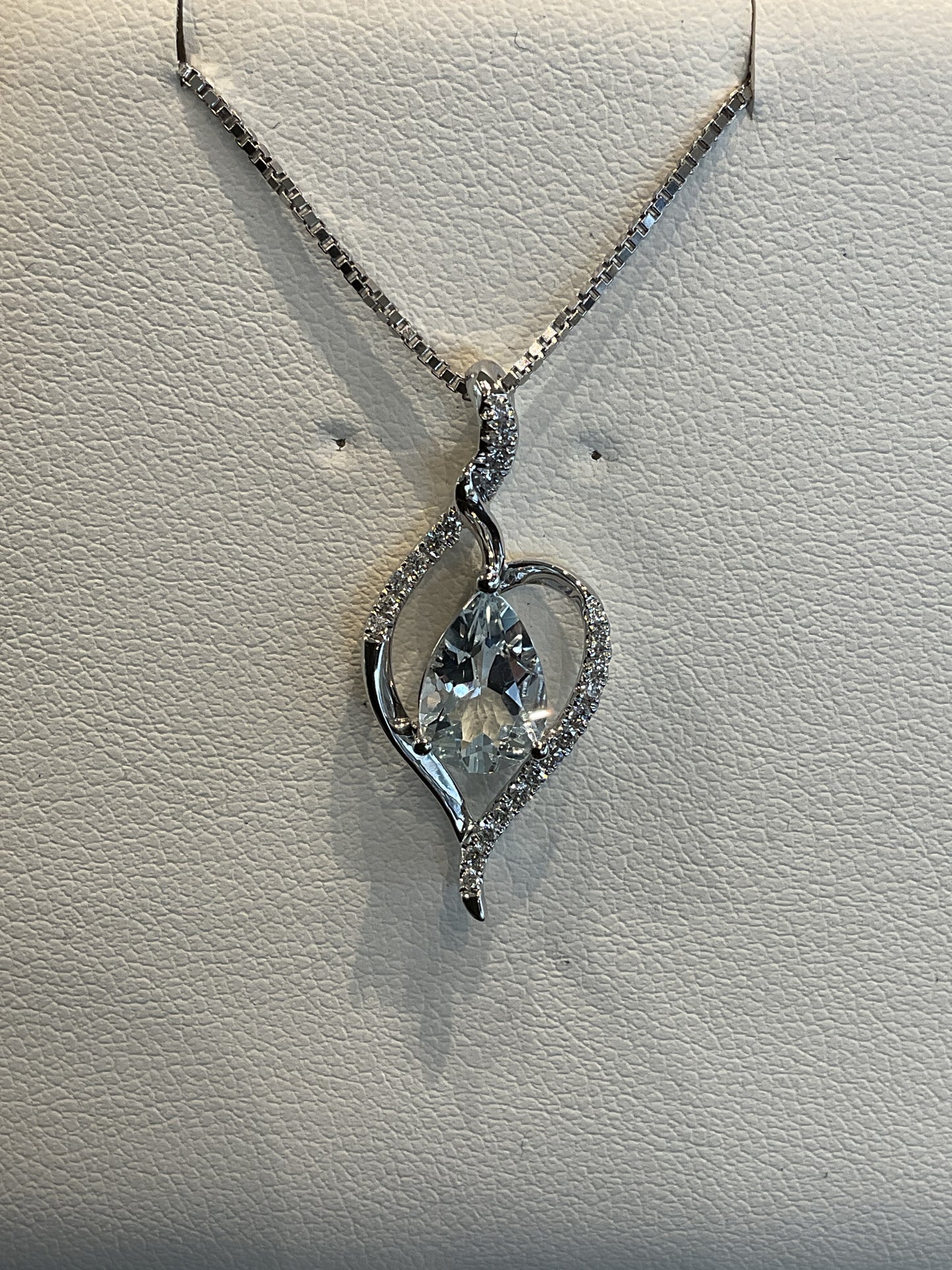 Pear Cut Aquamarine with Round Brilliant Cut Diamond Accents 14KT White Gold Fancy Drop Necklace 18" 14KT White Gold Chain