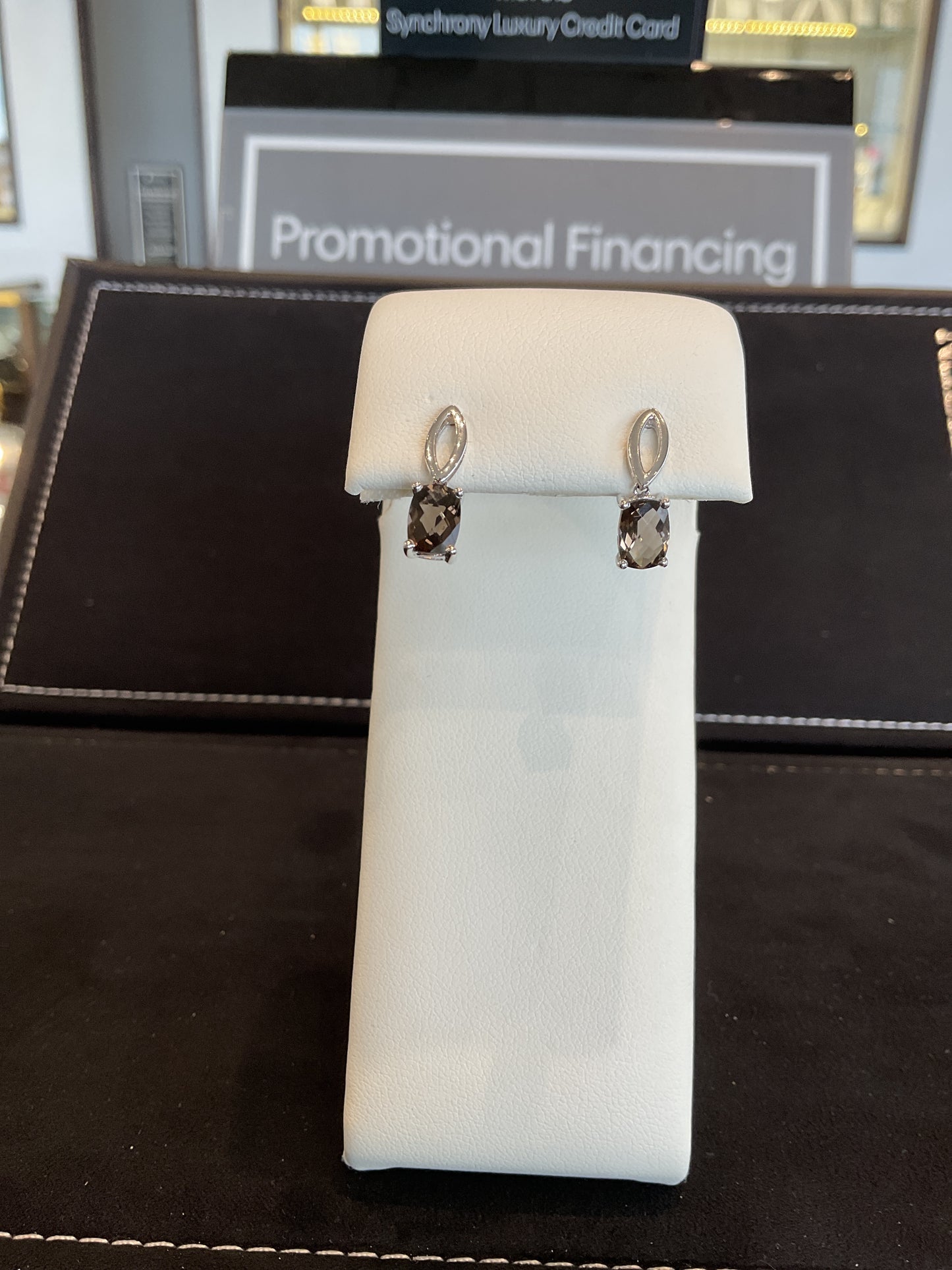 Cushion Cut Smokey Quartz 14KT White Gold Elongated Dangle Stud Earrings