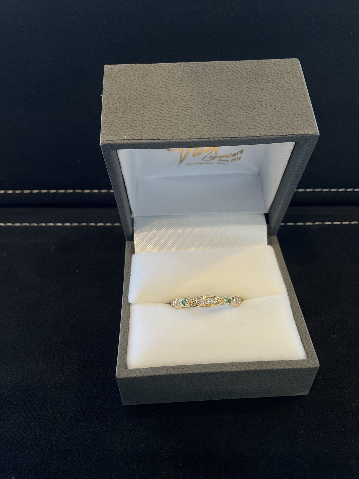 Round Brilliant Cut Beaded Bezel Set Emerald and Prong Shared Diamond 14KT Yellow Gold Stackable Ring