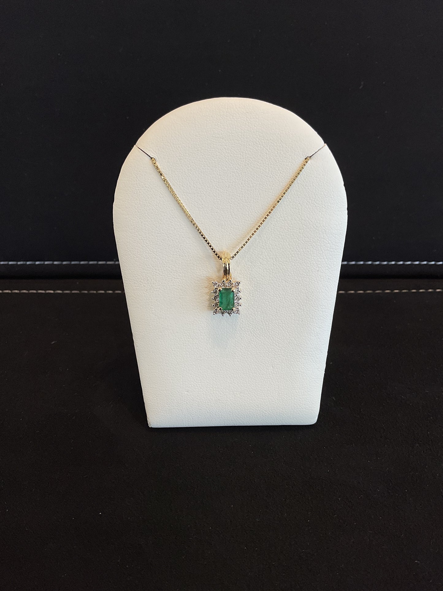 Emerald Cut Emerald with Round Brilliant Cut Diamond Halo Setting 14KT Yellow Gold Necklace Pendant 18" 14KT Yellow Gold Chain