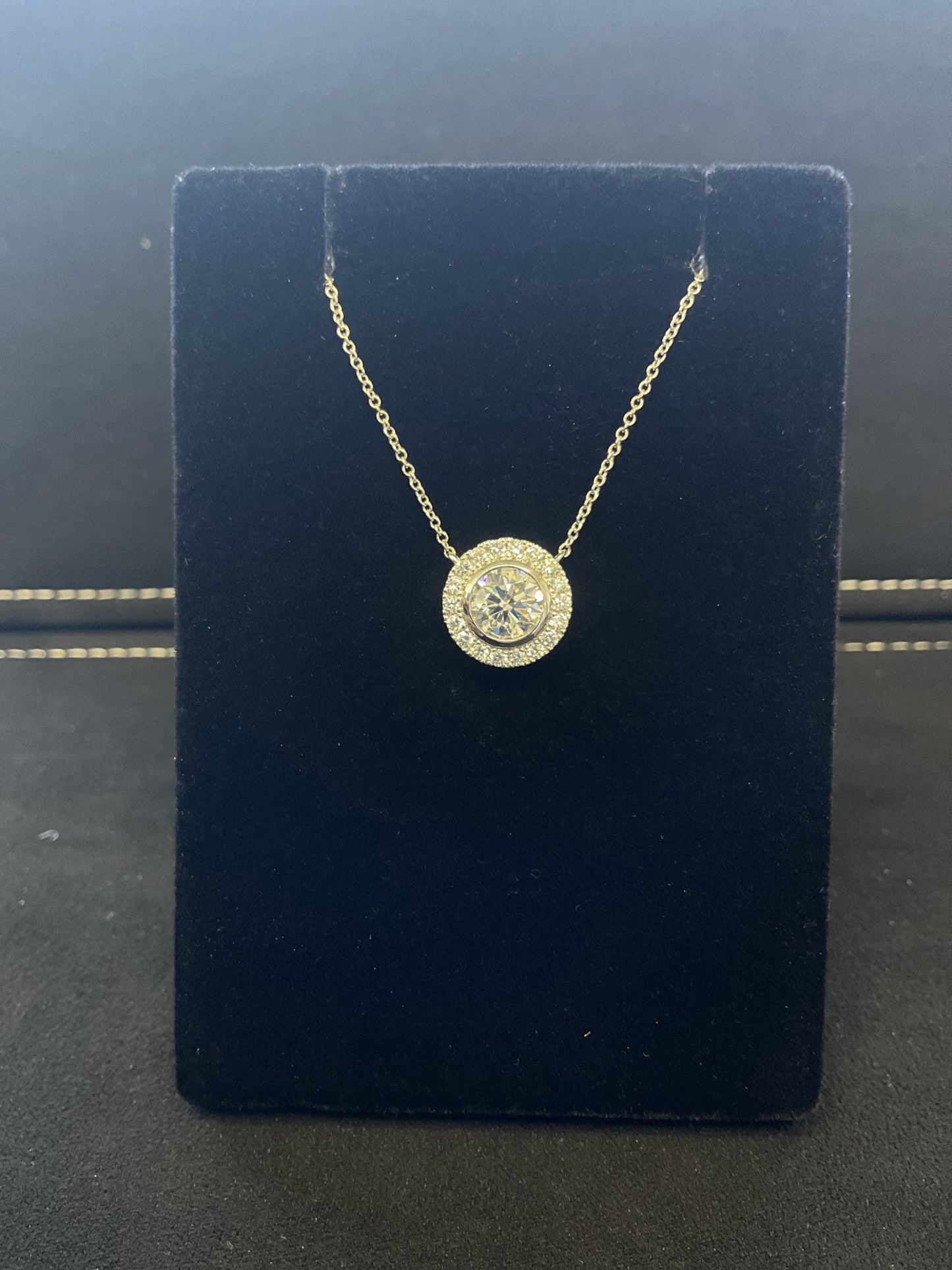 1.3 CTW Round Brilliant Cut Lab-Grown Bezel Set Diamond With Halo 14KT White Gold Necklace 18" Chain