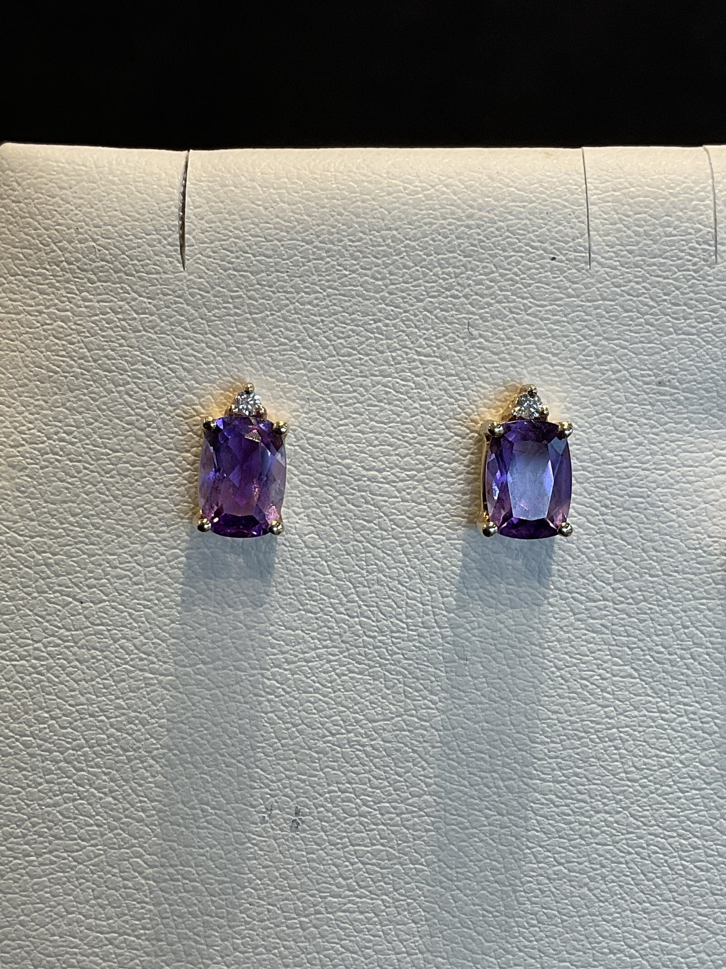 Elongated Rectangle Cut Purple Amethyst 14KT Yellow Gold Stud Earrings with Single Round Brilliant Cut Diamond Accent
