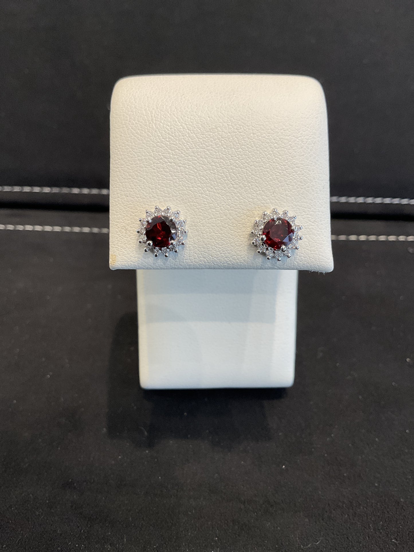 Round Cut Red Garnet Prong Set 14KT White Gold Round Brilliant Cut diamond Halo Stud Earrings