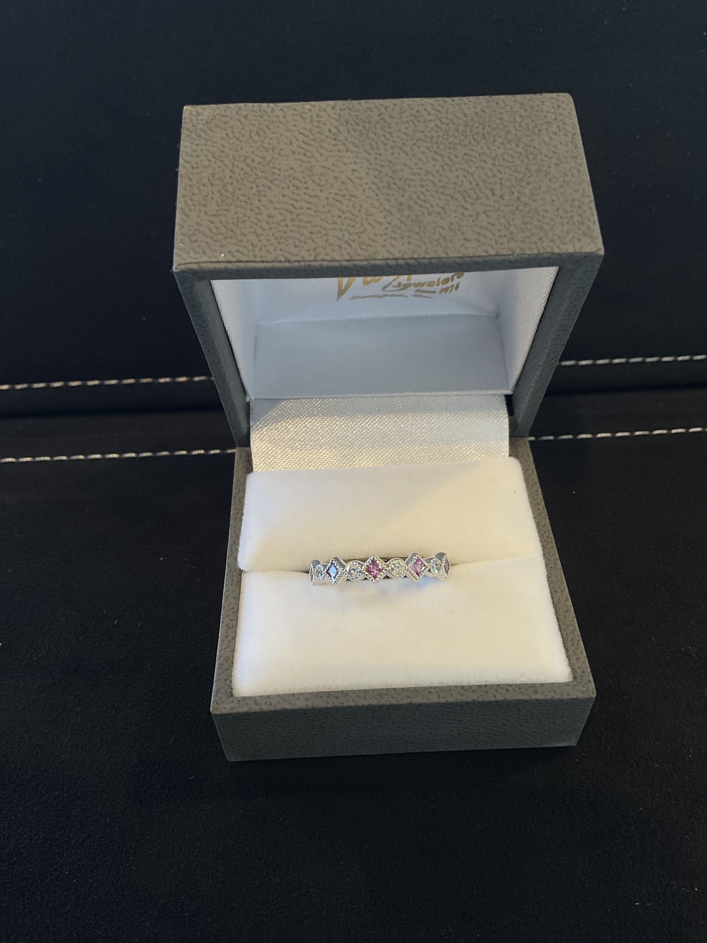 Round Brilliant Cut Diamond and Square Cut Pink Sapphire Beaded Bezel Set 14KT White Gold Ring