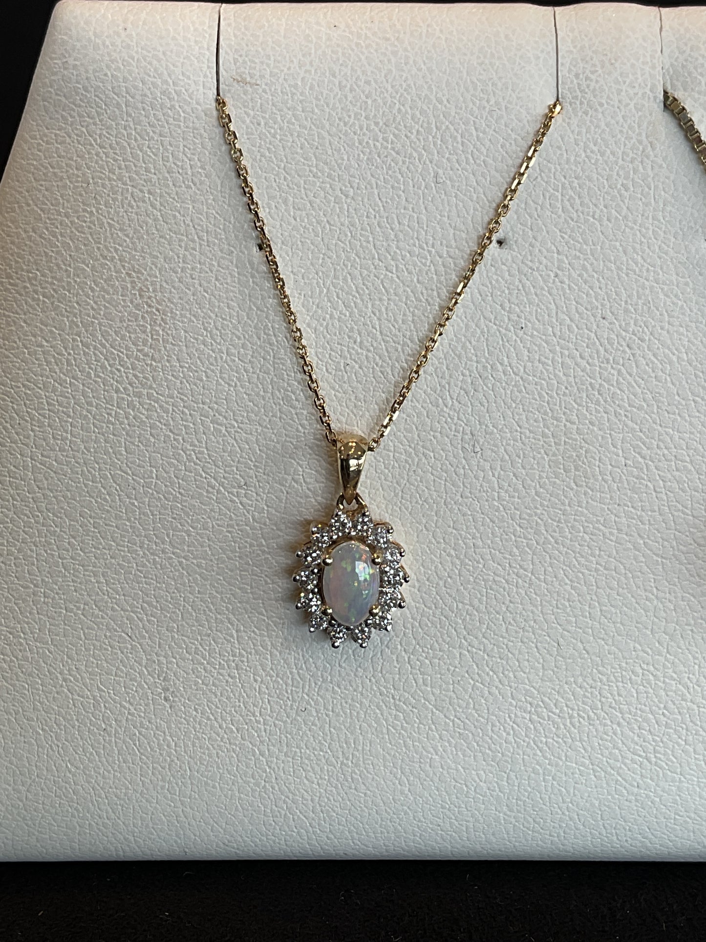 Oval Cut Opal with Round Brilliant Cut Diamond Halo Setting 14KT Yellow Gold Necklace 18" 10KT Chain