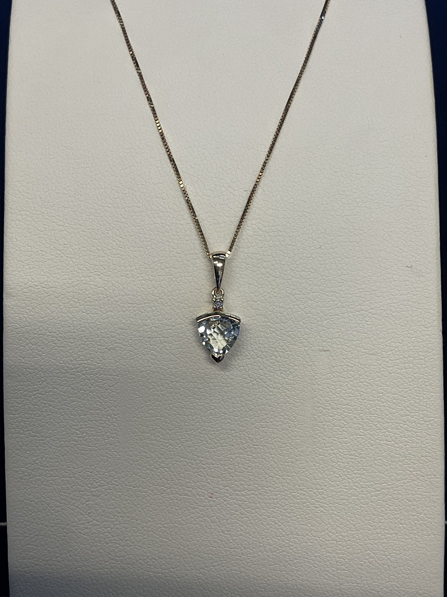 Trillion Cut Aquamarine 14KT Yellow Gold Necklace with Single Diamond Accent 18" 14KT Yellow Gold Chain