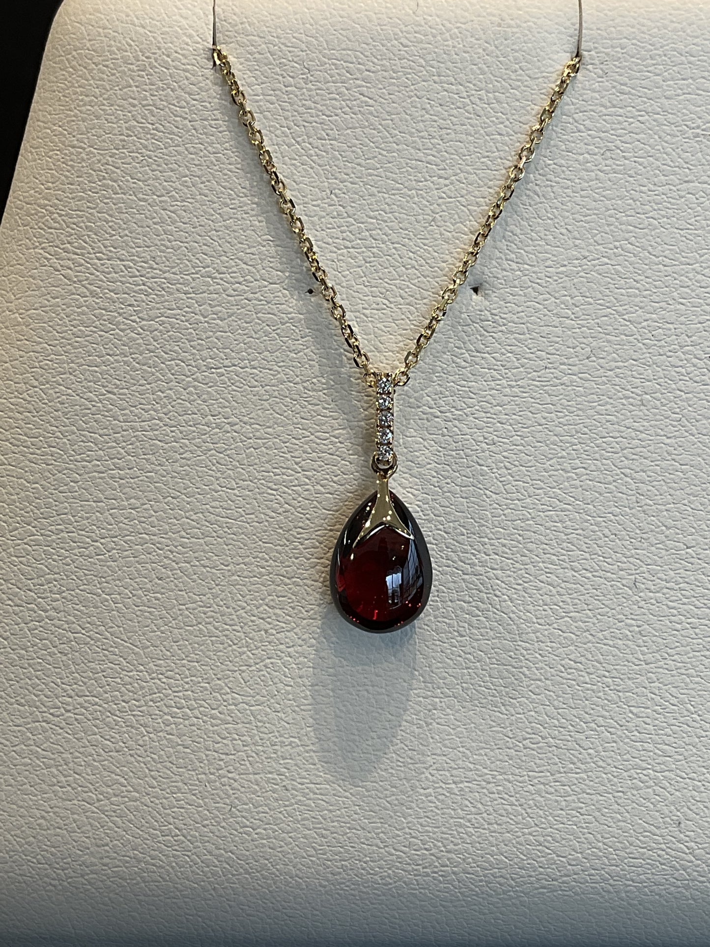 Cabochon Jelly Drop Cut Red Garnet with Round Brilliant Cut Diamond Accents 14KT Yellow Gold Necklace 14KT Yellow Gold Chain 18" 14KT Yellow Gold Chain