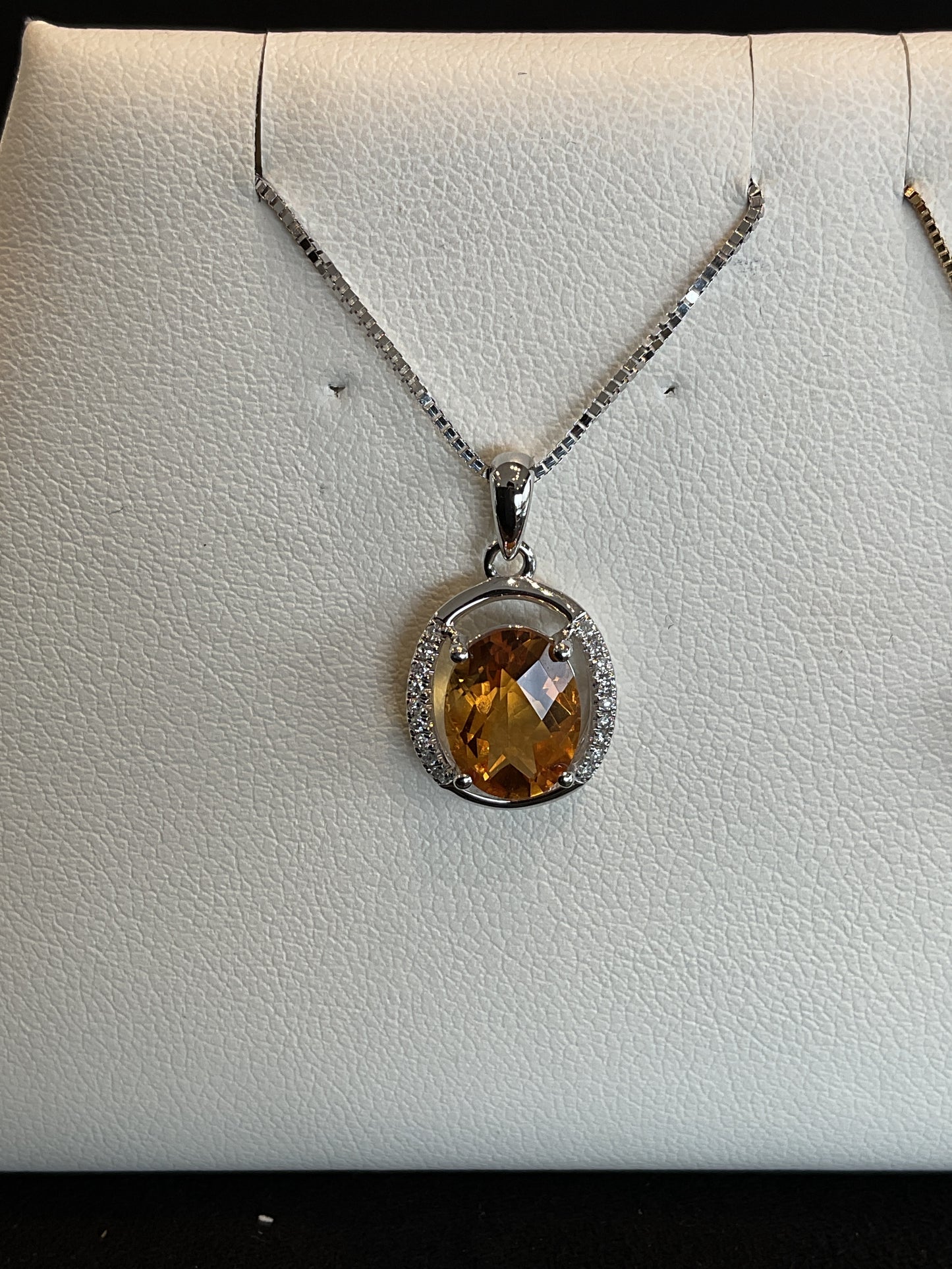 Oval Cut Citrine with Polished and Round Brilliant Cut Diamond Accent Halo 14KT White Gold Necklace 18" Chain