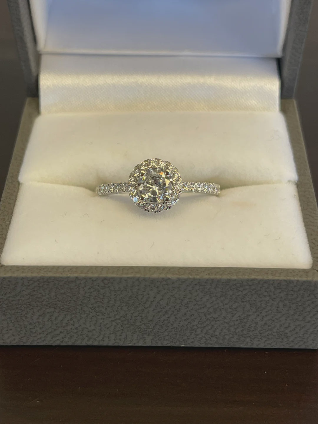 0.85CTW Round Brilliant Cut Diamond 14KT White Gold Engagement Ring with Diamond Halo and Shank