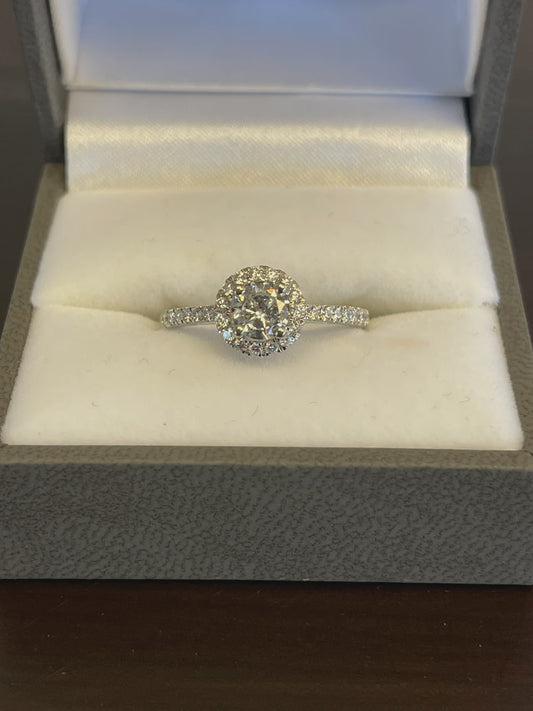 0.85CTW Round Brilliant Cut Diamond 14KT White Gold Engagement Ring with Diamond Halo and Shank
