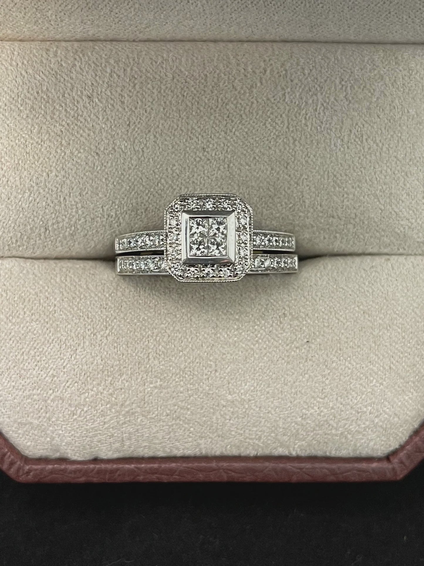 0.43CTW Square Princess Cut Pressure Set Diamond 14KT White Gold Wedding Set with Round Brilliant Cut Diamond Halo and Band