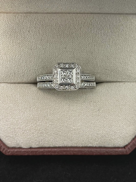 0.43CTW Square Princess Cut Pressure Set Diamond 14KT White Gold Wedding Set with Round Brilliant Cut Diamond Halo and Band