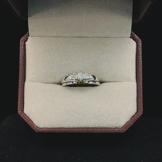 1/3CTW Diamond Platinum Wedding Set with Round Brilliant and Baguette Cut Bezel Set Diamond Accents