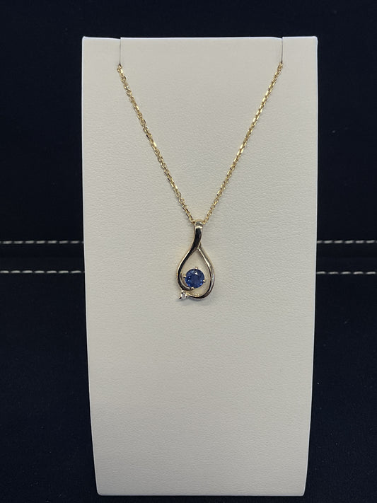 Round Cut Blue Sapphire with Single Diamond Accent 14KT Yellow Gold Necklace 18"