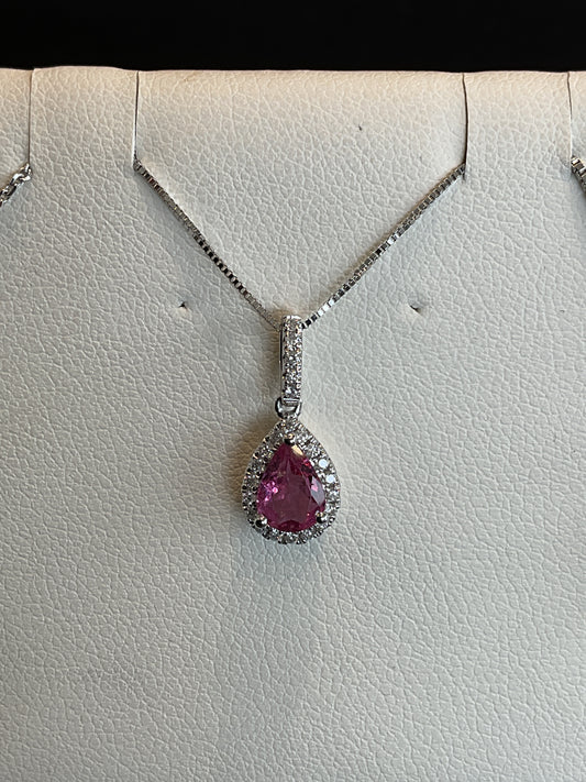 Pear Cut Pink Tourmaline with Round Brilliant Cut Diamond Halo Setting 14KT White Gold Necklace 18" Chain
