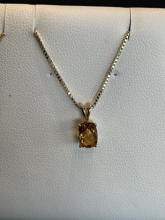 Radiant Checkerboard Cut Citrine Solitaire 14KT Yellow Gold Necklace