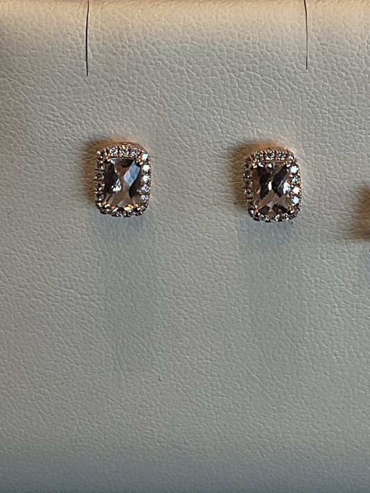 Radiant Cut Morganite with Round Brilliant Cut Diamond Halo Prong Set 14KT Rose Gold Stud Earrings