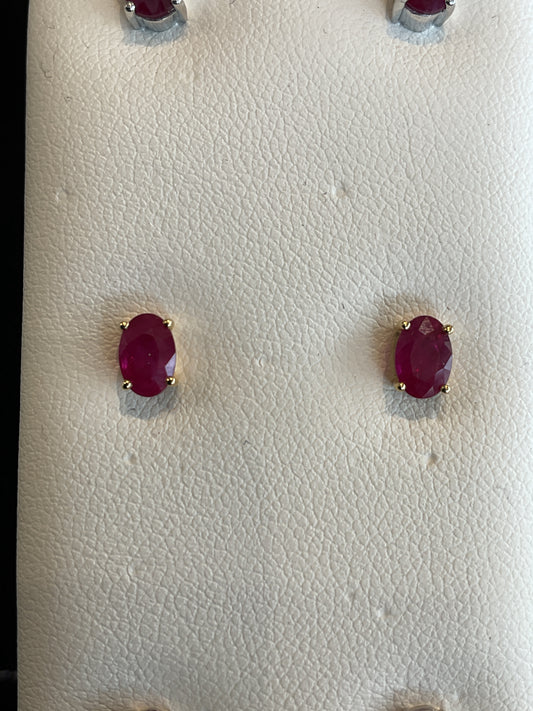 Oval Cut Red Ruby Prong Set 14KT Yellow Gold Stud Earrings