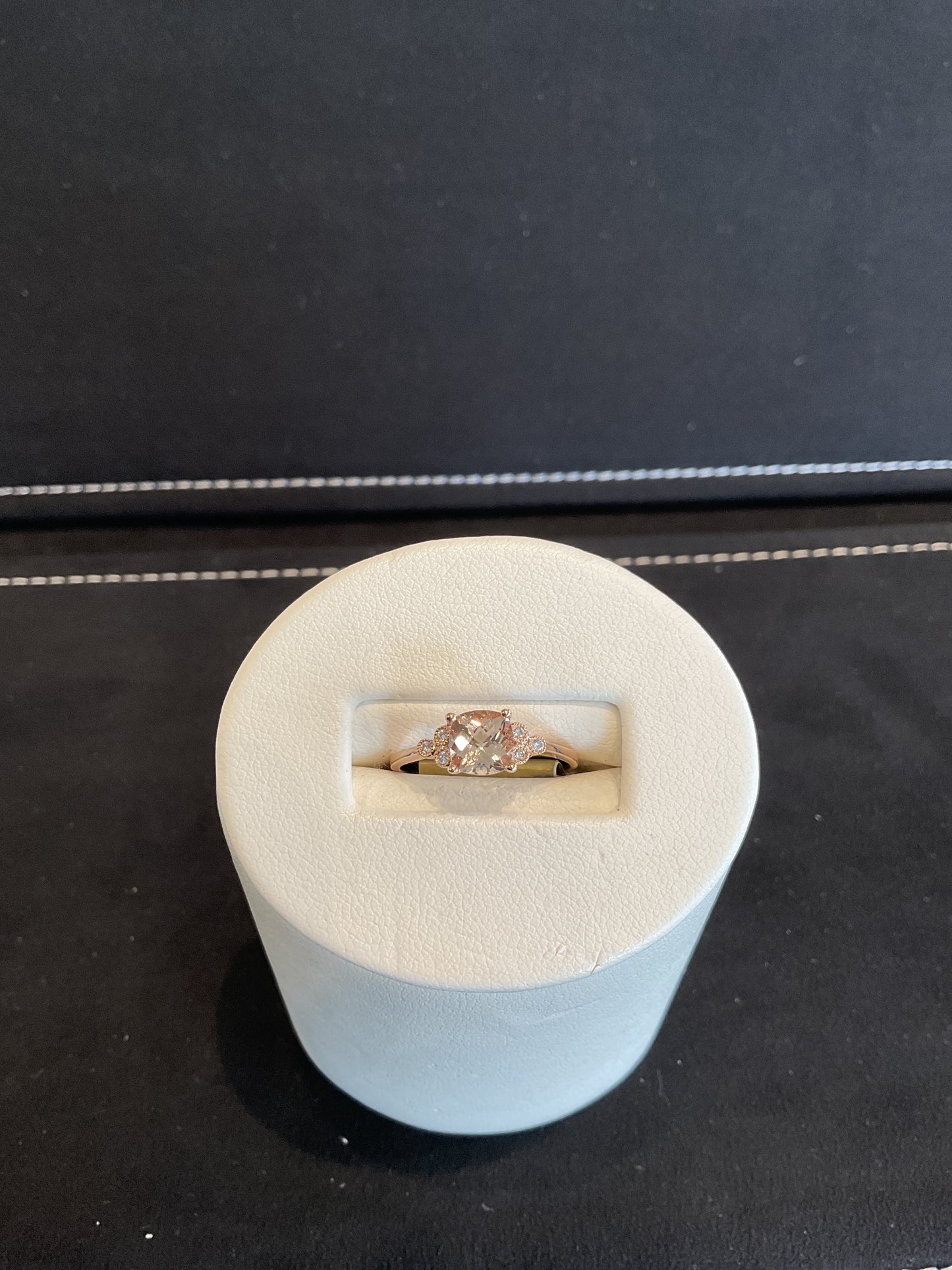Checkered Cushion Cut Morganite 14KT Rose Gold Ring with Round Brilliant Cut Bezel Set Diamond Accents