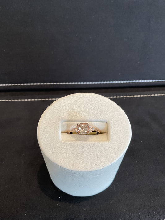 Checkered Cushion Cut Morganite 14KT Rose Gold Ring with Round Brilliant Cut Bezel Set Diamond Accents