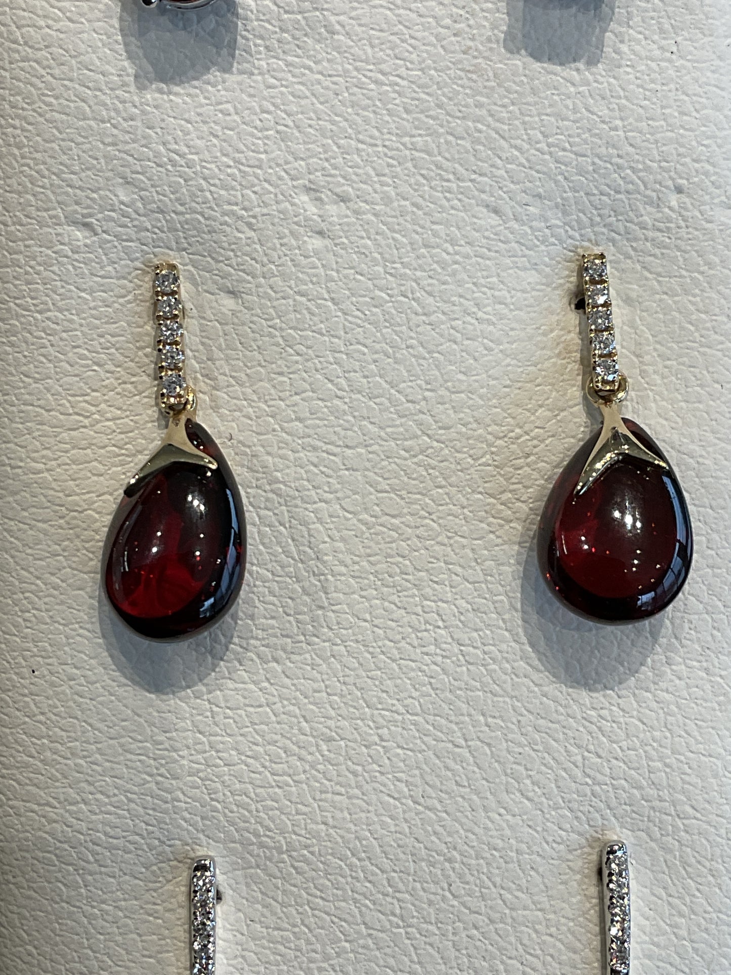 Cabochon Jelly Drop Cut Red Garnet 14KT Yellow Gold Dangle Stud Earrings with Round Brilliant Cut Diamond Accents
