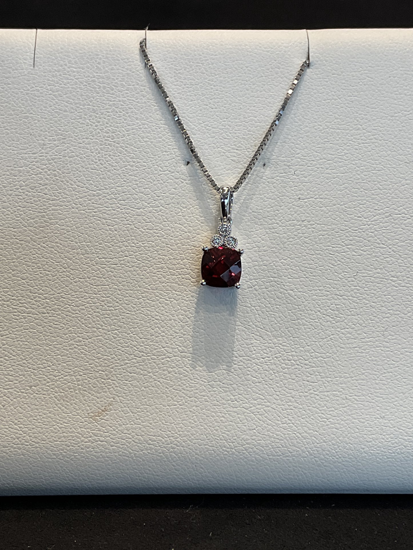 Cushion Cut Red Garnet with Round Brilliant Cut Bezel Set Diamond Accents 14KT White Gold Necklace  18" 14KT White Gold Chain