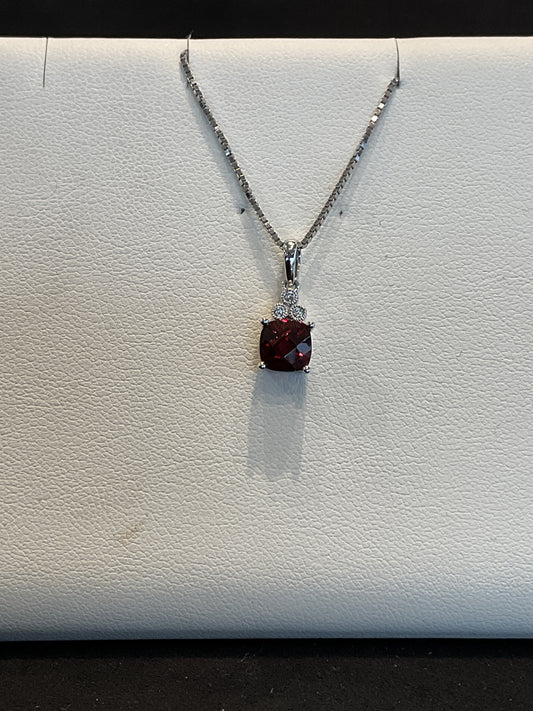 Cushion Cut Red Garnet with Round Brilliant Cut Bezel Set Diamond Accents 14KT White Gold Necklace  18" 14KT White Gold Chain