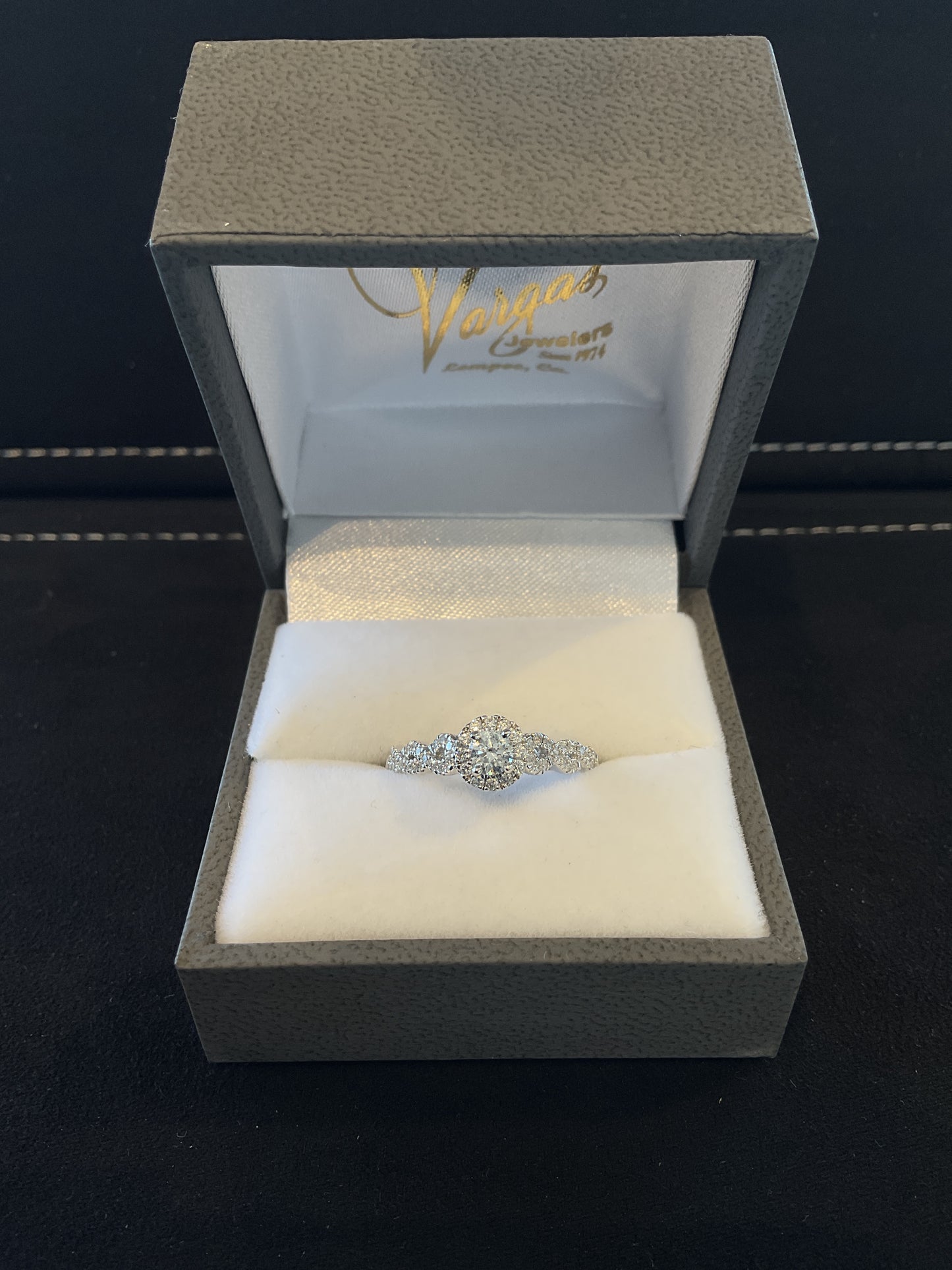 0.51CTW Round Brilliant Cut Diamond 14KT White Gold Infinity Style Engagement Ring with Round Brilliant Cut Halo and Shank