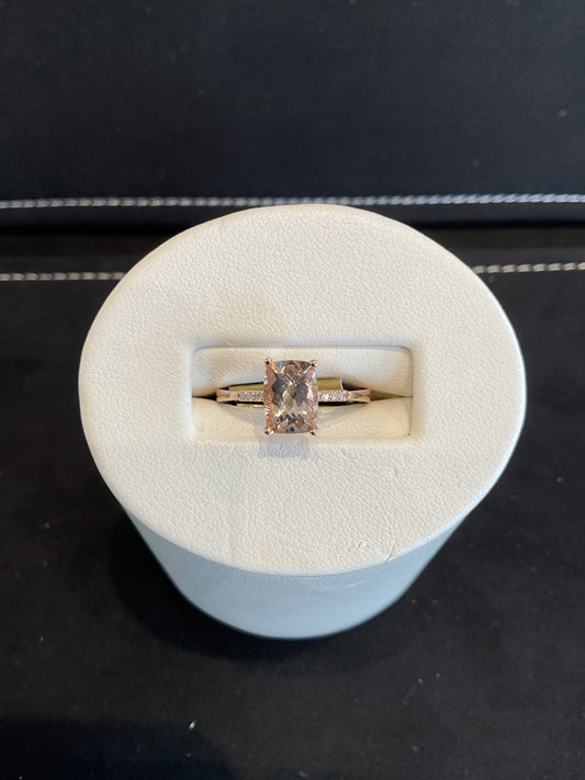 Radiant Cut Morganite with Round Brilliant Cut Diamond Halo 14KT Rose Gold Ring with Round Brilliant Cut Diamond Shank