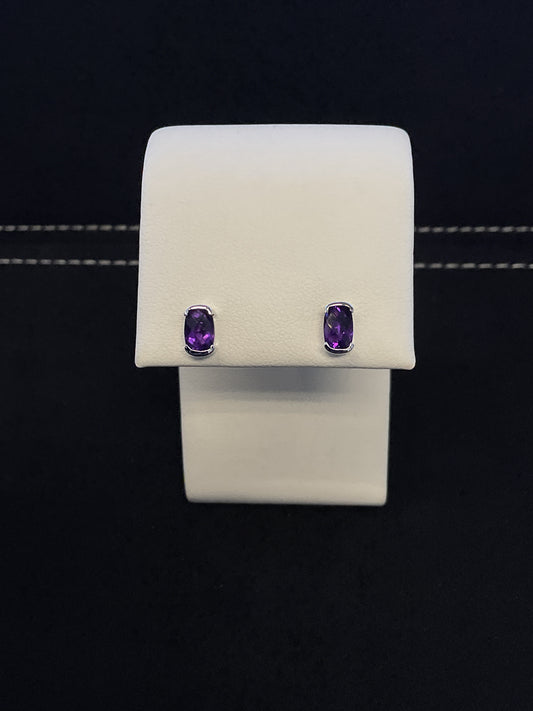 Half Bezel Set Oval Radiant Checkerboard Cut Purple Amethyst 14KT White Gold Stud Earrings
