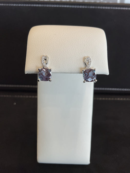 Faceted Cushion Cut Alexandrite 14KT White Gold Drop Stud Earrings with Round Brilliant Cut Diamond Accents
