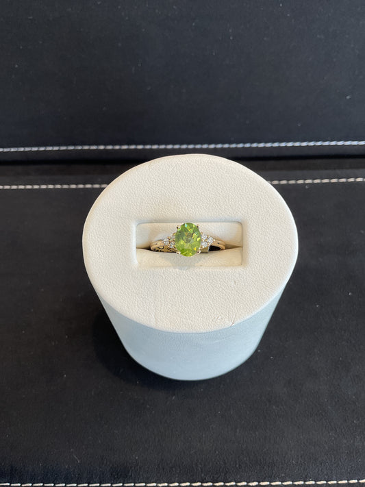 Oval Checkerboard Cut Peridot 14KT Yellow Gold Ring with 6 Round Brilliant Cut Diamond Accents