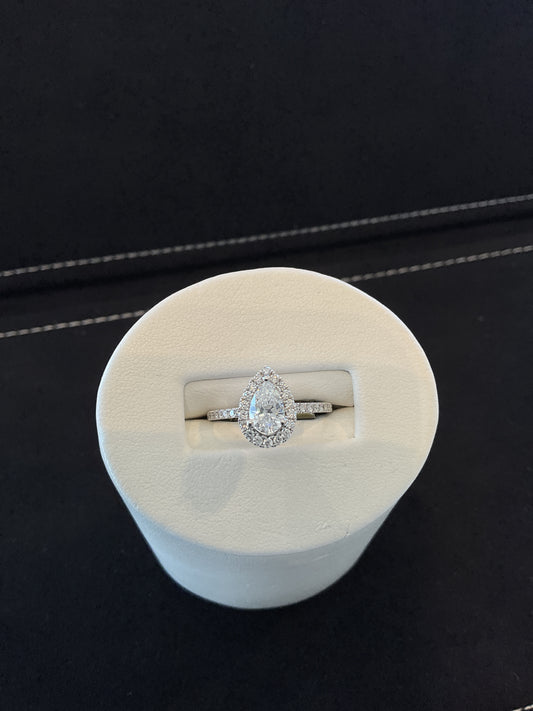 1.09CTW Pear Cut Lab Grown Diamond 14KT White Gold Engagement Ring with Lab Grown Diamond Halo and Shank