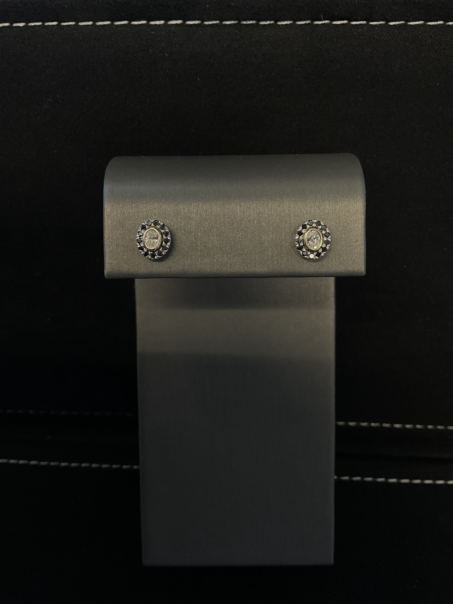 0.38CTW Oval Bezel Set Lab Grown Diamond 14KT Yellow Gold Earrings with Natural Black Diamond 14KT White Gold Jackets