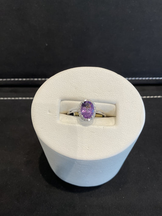 Oval Cut Purple Amethyst 14KT White Gold Ring with Round Brilliant Cut Diamond Halo and Shank