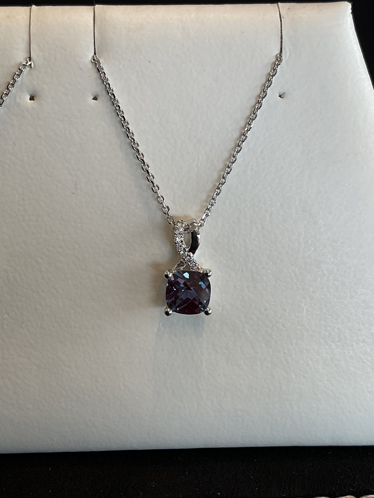 Checkerboard Cushion Cut Alexandrite with Round Brilliant Cut Diamond Accents 14KT White Gold Drop Necklace 18" 10KT White Gold Chain