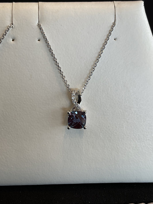 Checkerboard Cushion Cut Alexandrite with Round Brilliant Cut Diamond Accents 14KT White Gold Drop Necklace 18" 10KT White Gold Chain