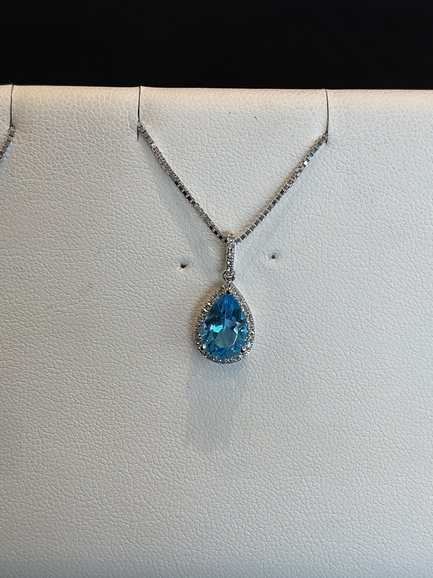 Pear Shape Blue Topaz with Round Brilliant Cut Diamond Halo Setting 14KT White Gold Necklace 18" 14KT White Gold Chain