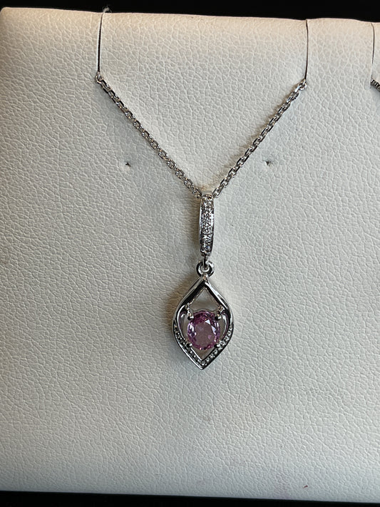 Oval Cut Pink Sapphire Dangle Drop Necklace with Round Brilliant Cut Diamond Accents 14KT White Gold Necklace 18" Chain