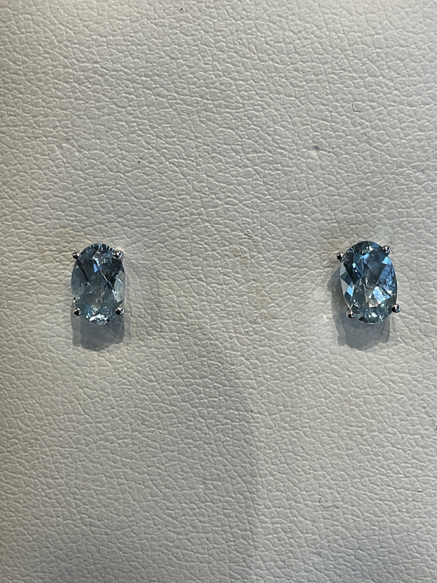 Oval Cut Faceted Aquamarine Prong Set 14KT White Gold Stud Earrings