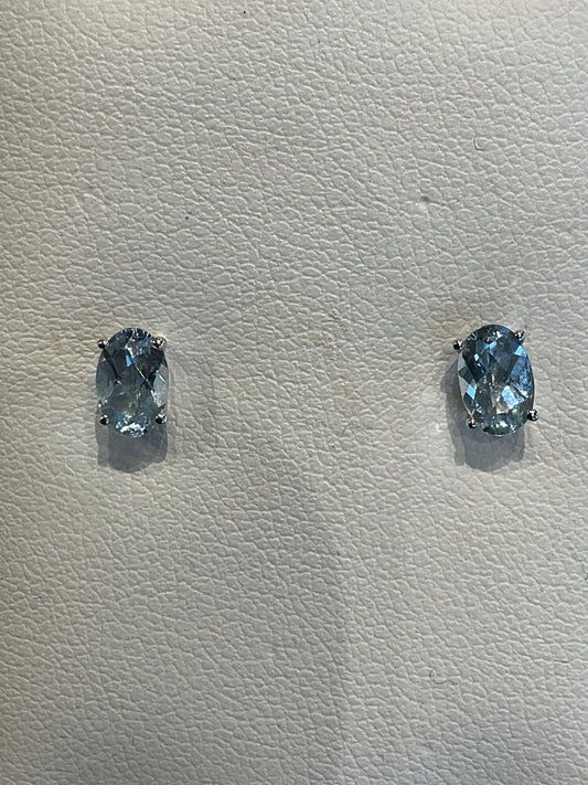 Oval Cut Faceted Aquamarine Prong Set 14KT White Gold Stud Earrings
