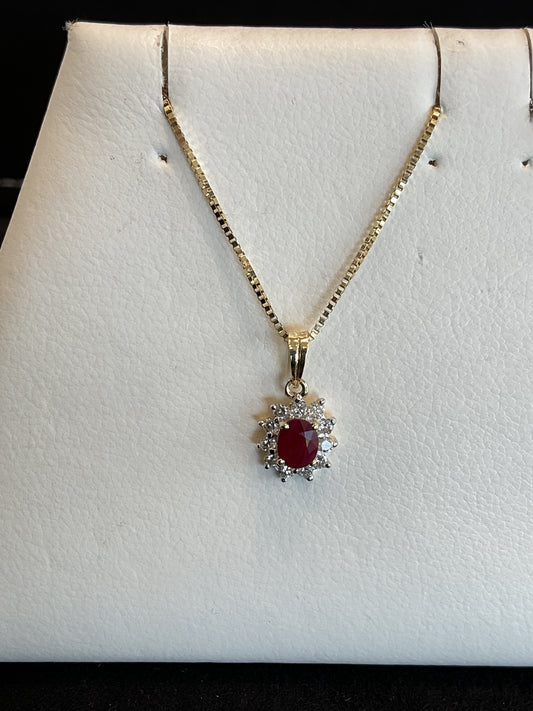 Oval Cut Red Ruby with Round Brilliant Cut Diamond Pronged Halo 14KT Yellow Gold Necklace 18" 10KT Chain