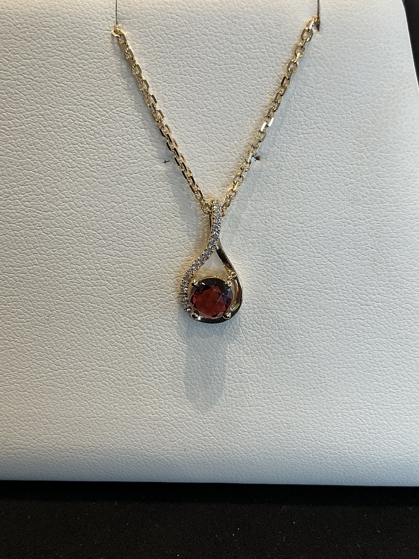 Round Checkerboard Cut Red Garnet with Round Brilliant Cut Diamond Accents 14KT Yellow Gold Drop Necklace 18" 10KT Yellow Gold Chain