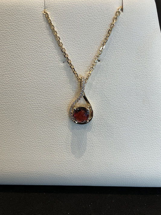 Round Checkerboard Cut Red Garnet with Round Brilliant Cut Diamond Accents 14KT Yellow Gold Drop Necklace 18" 10KT Yellow Gold Chain