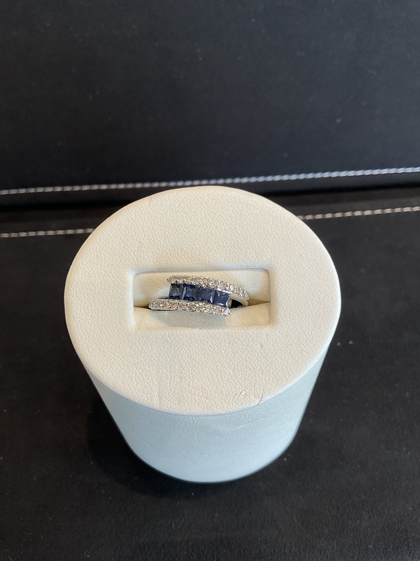 Square Cut Channel Set Blue Sapphire 14KT White Gold Fashion Ring with Round Brilliant Cut Diamond Borders