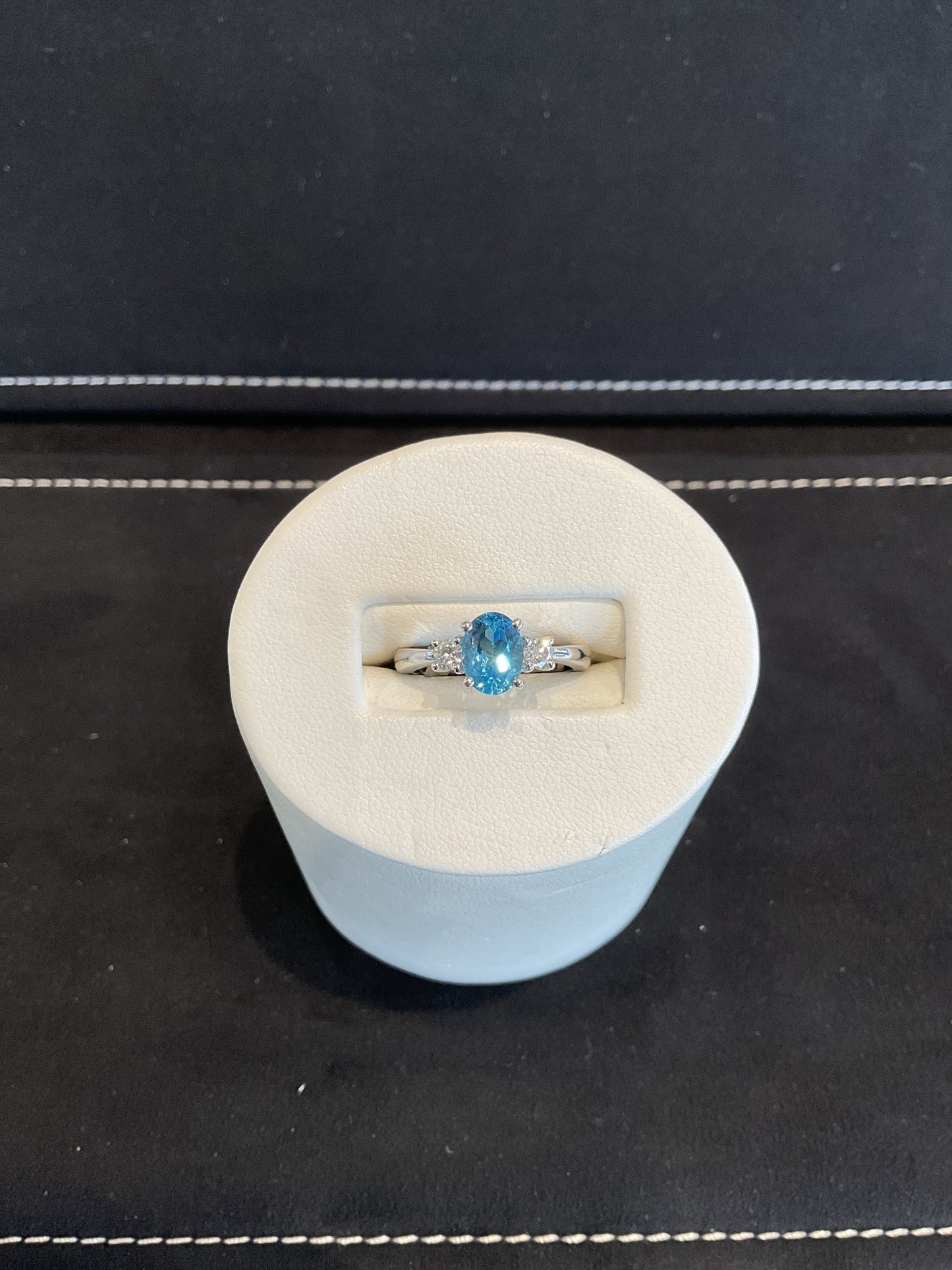 Oval Cut Blue Topaz 14KT White Gold Ring with 2 Round Brilliant Cut Diamond Accents
